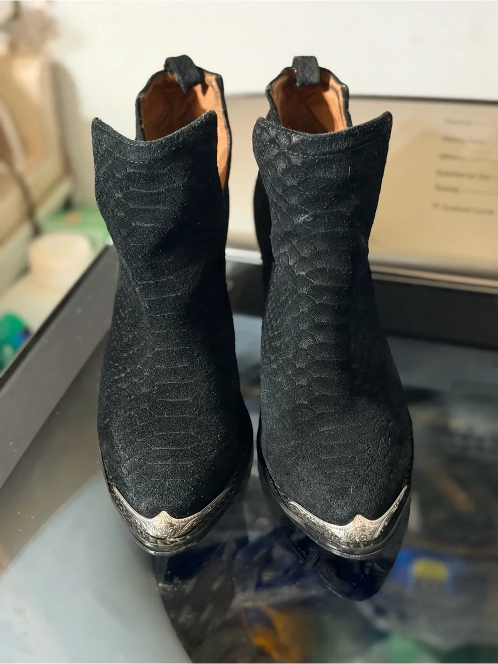 Jeffrey Campbell Cromwell Black Suede Snake Western Cutout Ankle Boots